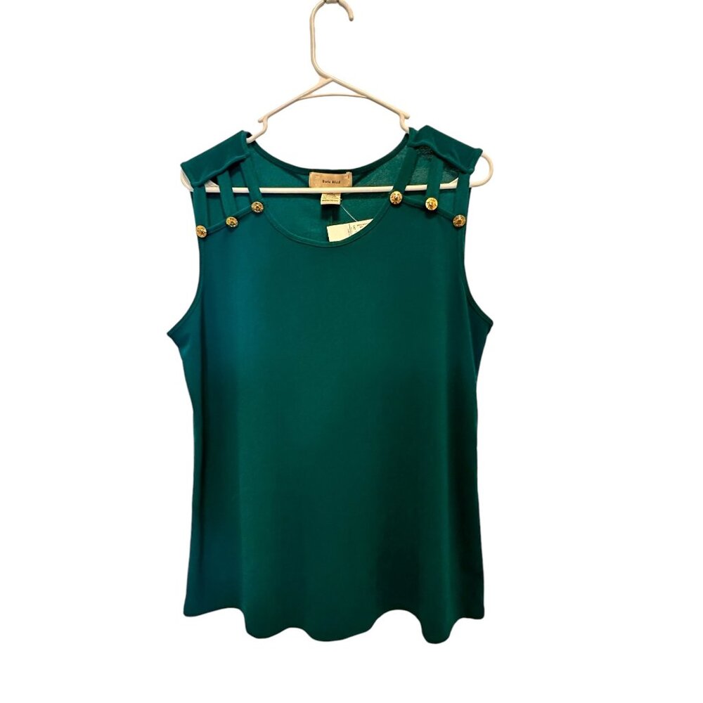 🍒 2/$20 New Hunter Green Sleeveless Blouse with Gold Buttons on Shoulder sz XL